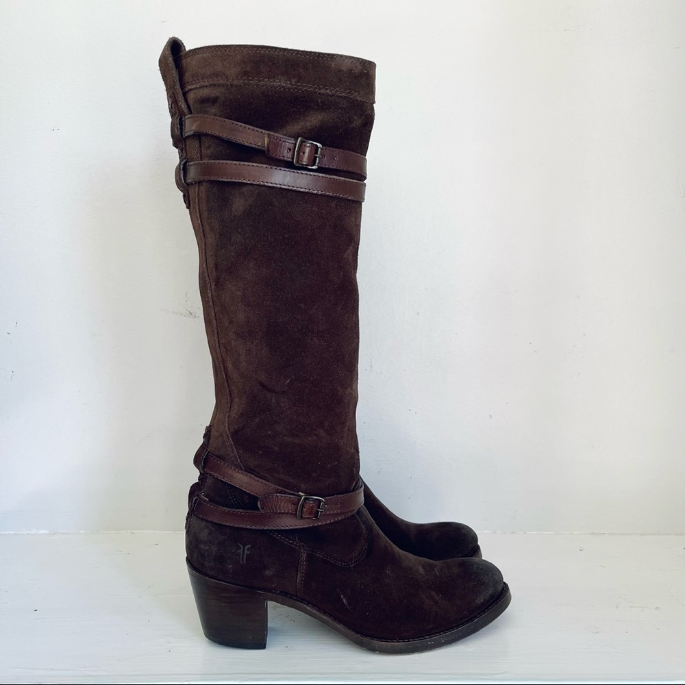 Frye Jane Strappy Tall Slouchy Boots In Dark Brown Suede Size 8